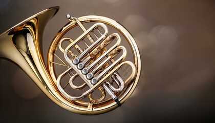 A gleaming French horn on clean background.