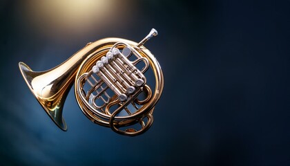 A gleaming French horn on clean background.