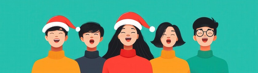 Fototapeta premium Merry Christmas 2025, festive tradition of caroling, joyful community celebration, flat design illustration