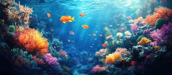 Vibrant coral reef with colorful fish swimming in the ocean.