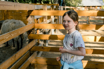 Little girl feeding an goat and sheep on an city-farm.