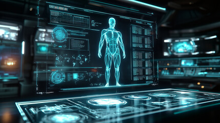 Digital hologram of a human body displayed on a futuristic interface.