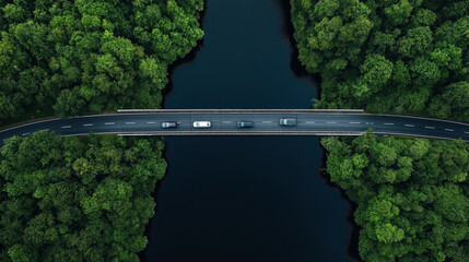 Aerial view of a bridge over a river surrounded by dense green forest with cars driving on the road.