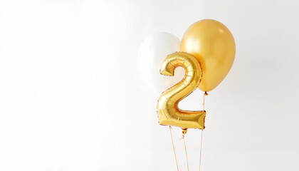 Balloons (white and gold) with number 2 on white background with space for text, birthday concept.