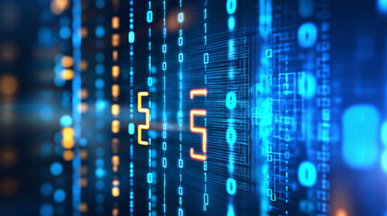 Obraz premium Abstract blue and yellow digital binary code background with prominent 5 in orange.