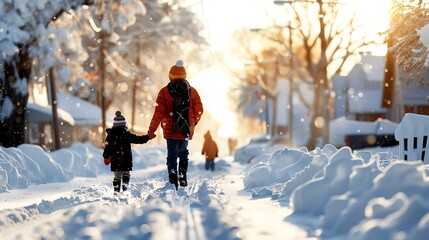 Retro winter scene with children building a snowman in a small vintage town, soft snowfall under a pale sunset, classic 1950s feel