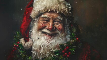 Oil painting, a Christmas portrait of Santa Claus, father christmas with a festive holly wreath and mistletoe around his neck, against a dark background. Vintage thanksgiving illustration