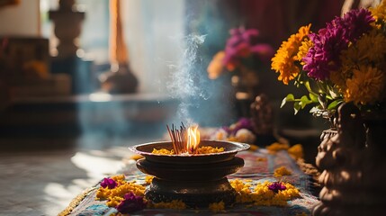 A traditional Indian home altar with incense burning and fresh flowers