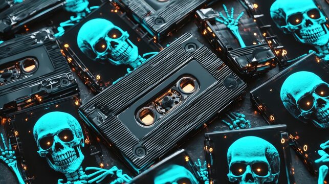 A collection of artistic cassette tapes featuring skeleton designs in vibrant blue, perfect for Halloween or retro music themes.