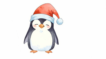 Fototapeta premium A penguin in a Santa hat on a former background. Christmas watercolor postcard.