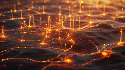 Abstract glowing lines and dots on a dark surface.