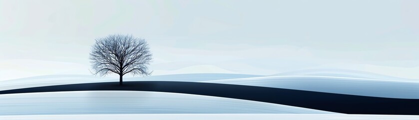 Snow-covered field with a lone tree, winter minimalism, flat design illustration