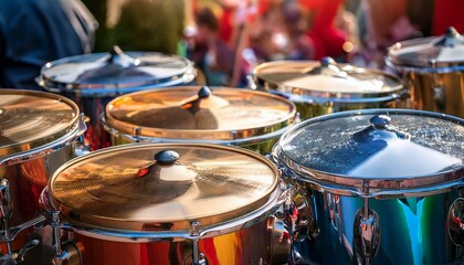 Obraz premium A set of polished steel pan drums arranged in a lively carnival setting.