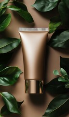 A gold tube of cream surrounded by green leaves.
