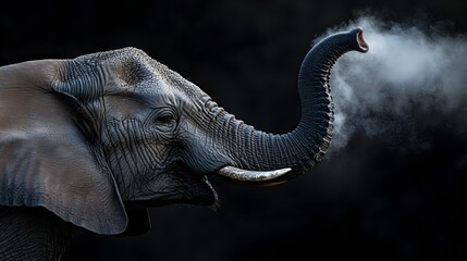 Obraz premium Majestic Elephant Exhaling Misty Breath in Arid Savanna Landscape