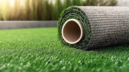 Fototapeta premium Close-up of a rolled artificial grass mat on a lawn with a blurred background, showing texture and outdoor setting.