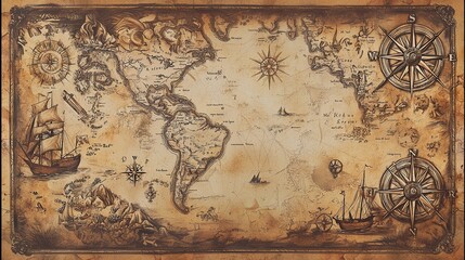 Vintage nautical map with compass rose and old world illustrations