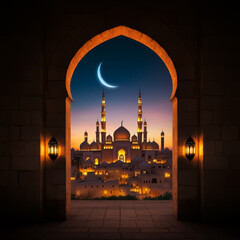 Islamic city with madrasah, sky with crescent moon and stars. View through arch. Ramadan Magical Arabian Nights Background Wallpaper.