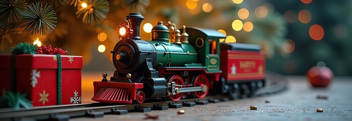 It's a toy locomotive under the Christmas tree. It's a toy train under the Christmas tree. Christmas presents. Happy New Year. Merry Christmas. It's a tree for Christmas 