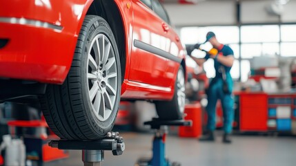 Fototapeta premium A mechanic working on a red car in a modern auto repair shop, showcasing tire maintenance and vehicle servicing.