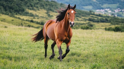 Fototapeta premium A beautiful brown horse galloping freely through a lush green meadow, showcasing its strength and grace in the natural landscape.