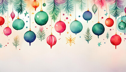 A watercolor painting of Christmas tree with many red and purple Christmas ball ornaments hanging from the branches with copy space for text in concept of xmas holiday festival.