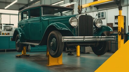 Naklejka premium A classic 1920s car on a lift in a modern garage, showcasing vintage design with a contemporary workspace.