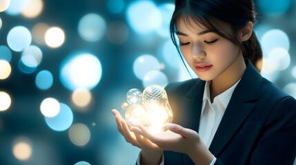 Naklejka premium A young woman in a suit gazes thoughtfully at shimmering lights in her hands, surrounded by a softly illuminated, dreamy background.