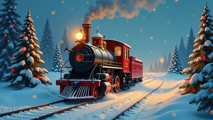 Fairy locomotive in holiday postcard style. Merry christmas and happy new year concept 