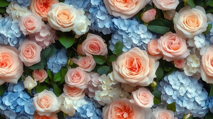 Soft pastel roses and hydrangeas, light pinks and blues, intertwined with green foliage, seamless floral pattern, hd quality, detailed petals and leaves, gentle light play,