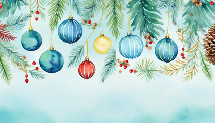 A watercolor painting of Christmas tree with many colorful Christmas ball ornaments hanging from the branches with copy space for text in concept of xmas holiday festival.