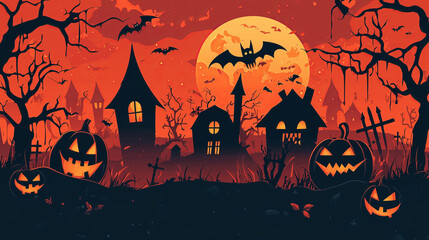 Spooky Halloween night with haunted houses, jack-o-lanterns and bats.