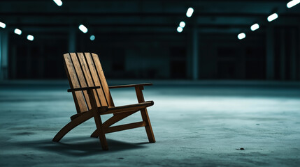 A wooden Adirondack chair is positioned in the center of a spacious, dimly lit indoor area with a concrete floor and fluorescent lights in the background.