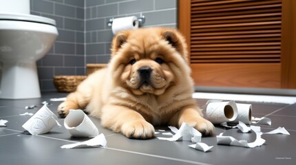 A chubby Chow Chow puppy plays with toilet paper in the bathroom.