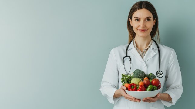 A healthcare professional holding a bowl of fresh vegetables, promoting healthy eating and nutrition awareness.