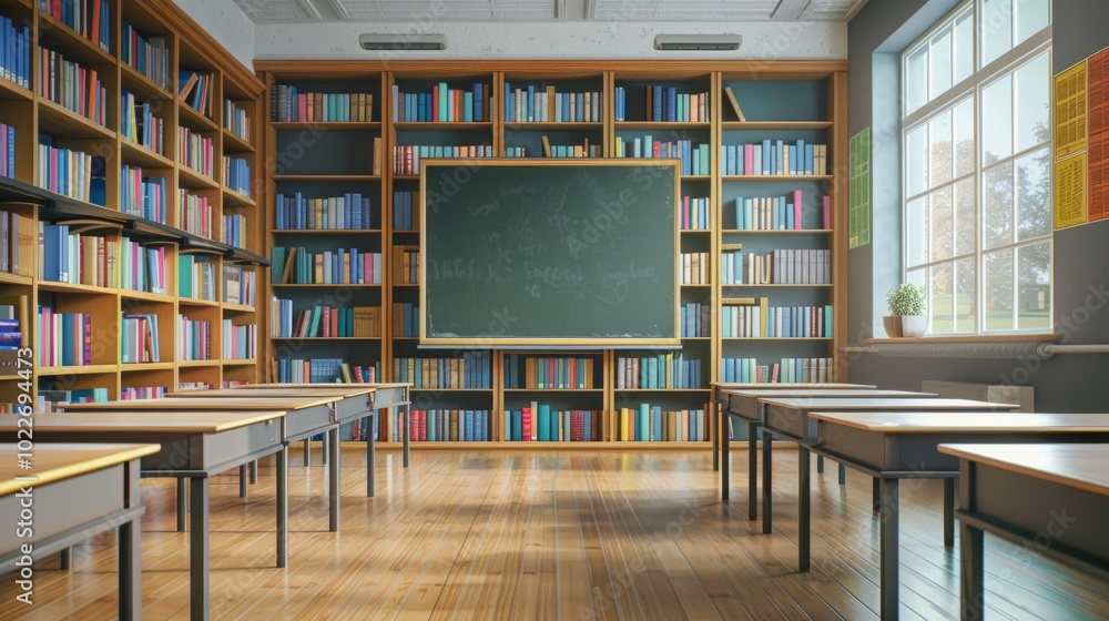 Poster a classroom with a blackboard and a large library