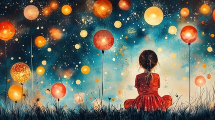 New Year 2025, sharing wishes and blessings under the stars, hopeful celebration, flat design illustration