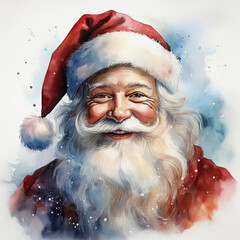Watercolor painting of Santa Claus wearing and red Santa winter hat.