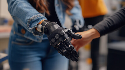 Close-up of a robotic hand extending for a handshake.