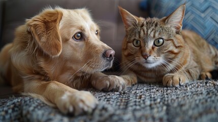 A golden retriever and a tabby cat enjoy a cozy afternoon together on a knitted blanket in a sunlit living room. Generative AI