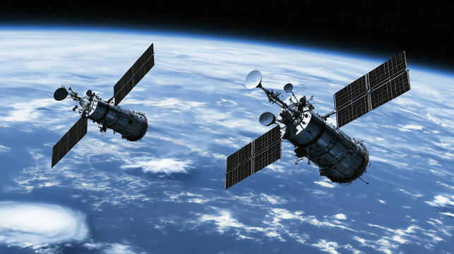 Two satellites orbiting Earth, against a backdrop of clouds and blue sky.