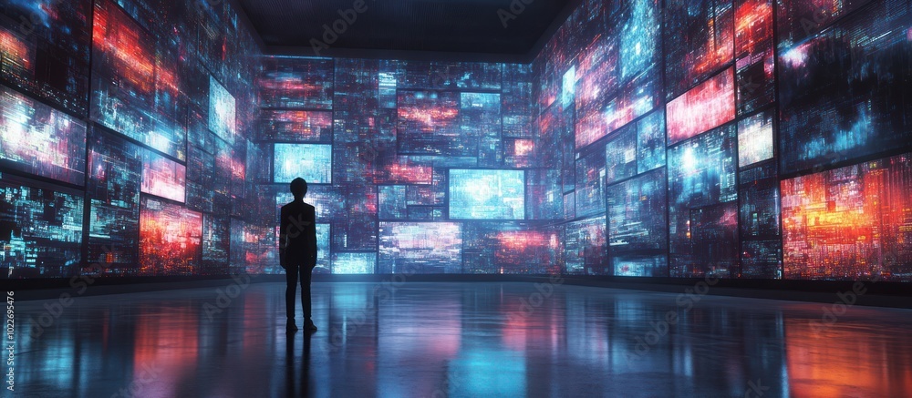 Poster a person standing in a room surrounded by screens displaying digital data.