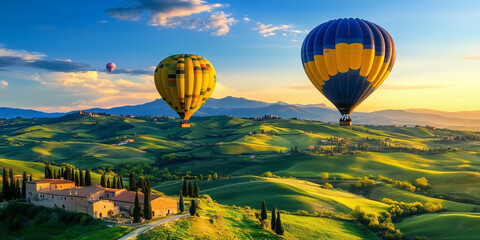 Fototapeta premium Two hot air balloons soar over rolling hills and a quaint Italian countryside.