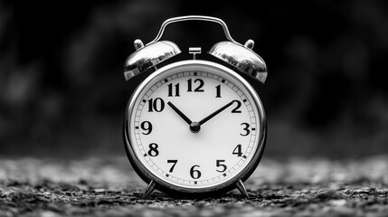 Classic silver alarm clock on a textured surface,  black and white.