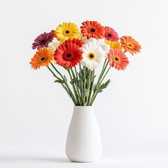 A bouquet of colorful gerberas in a matte white vase, mid-shot, with half of the vase visible, against a white background