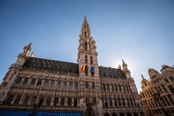 Fototapeta premium Brussels Town Hall at the Grand Place on a Sunny Day - Belgium