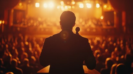 Political candidate or motivator giving speech at podium