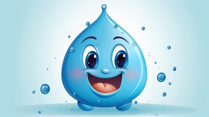 A cartoonish blue water droplet with a smile on its face