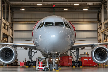 Fototapeta premium Front view of a silver airplane in a hangar.