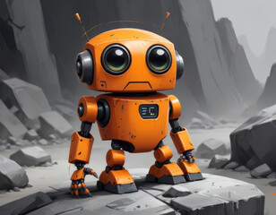 Fototapeta premium Orange cartoon robot on gray rocks